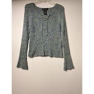 y2k Ribbed Knit Henley Sweater Long Sleeve Lace Up Blue Green Junior L / Women M